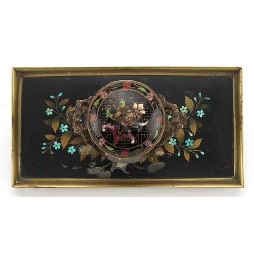 15 - 19th century ornate brass pietra dura and cloisonne desk inkwell with glass liner finely inlaid and ... 