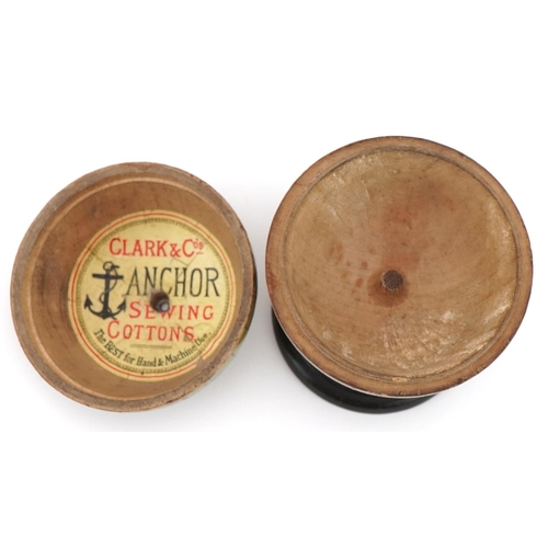 74 - 19th century treen celestial globe string box, Clark & Co Anchor Sewing Cottons label to the interio... 