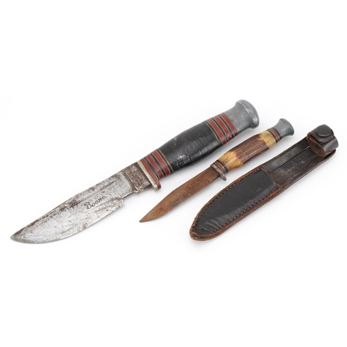 2506 - Military interest commando knife with Sheffield steel blade and a Boy Scout's knife with leather she... 