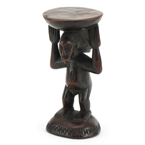 89 - African tribal interest Luba caryatid hardwood stool from Congo, 22cm high