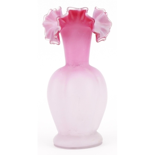 281 - 19th century pink satin glass vase with frilled rim, 21cm high