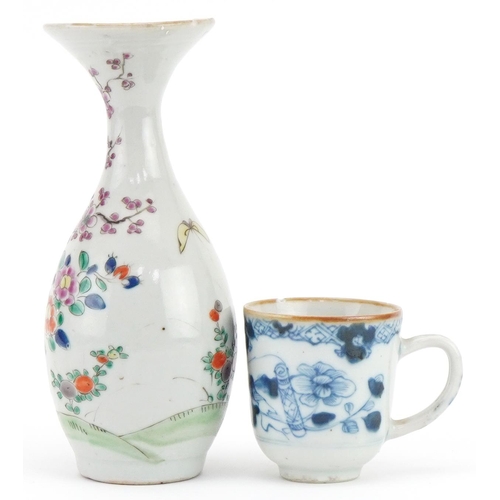 2313 - Chinese porcelain vase and blue and white cup, the largest 16cm high