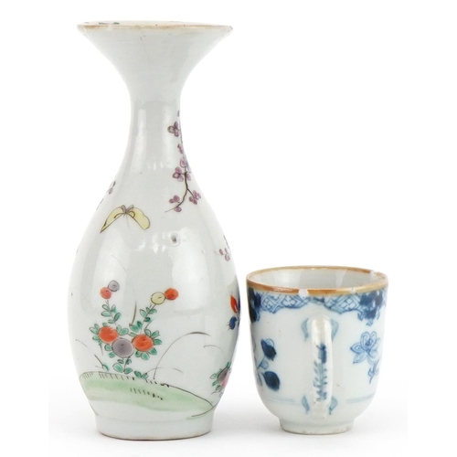 2313 - Chinese porcelain vase and blue and white cup, the largest 16cm high