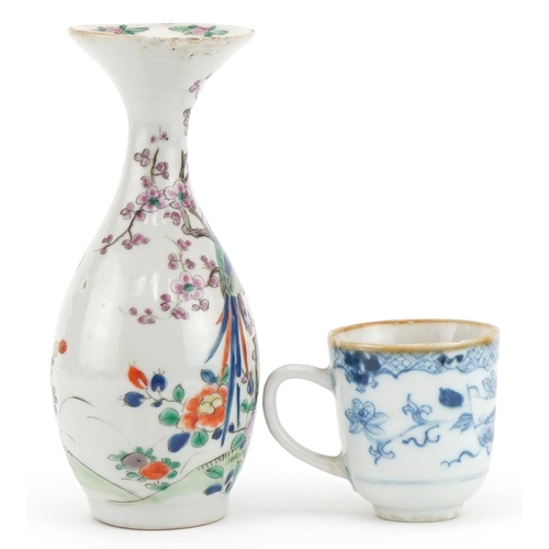 2313 - Chinese porcelain vase and blue and white cup, the largest 16cm high