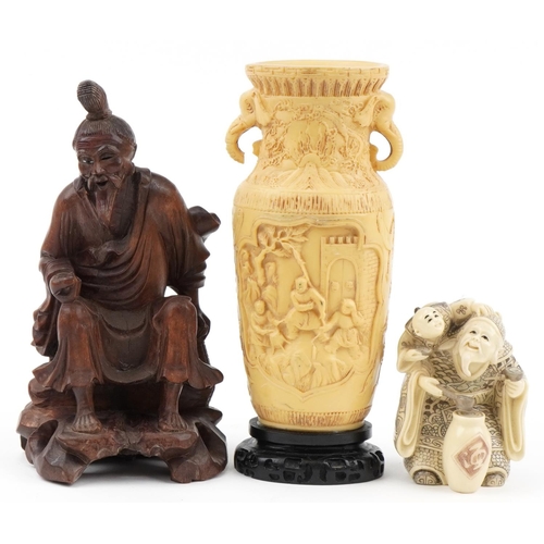 2314 - Chinese sundry items including a root wood carving of an elder and ivorine vase, the largest 28cm hi... 