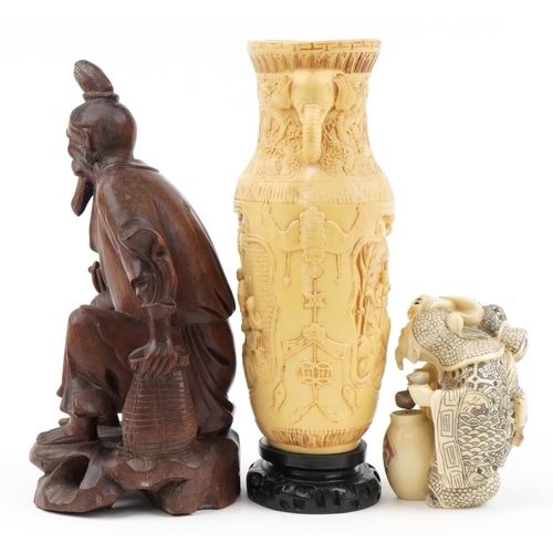 2314 - Chinese sundry items including a root wood carving of an elder and ivorine vase, the largest 28cm hi... 