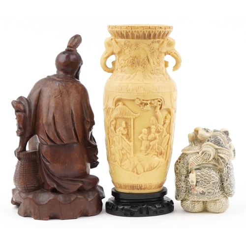 2314 - Chinese sundry items including a root wood carving of an elder and ivorine vase, the largest 28cm hi... 