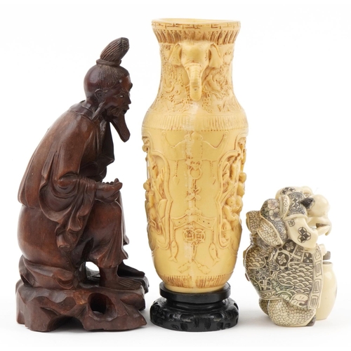 2314 - Chinese sundry items including a root wood carving of an elder and ivorine vase, the largest 28cm hi... 