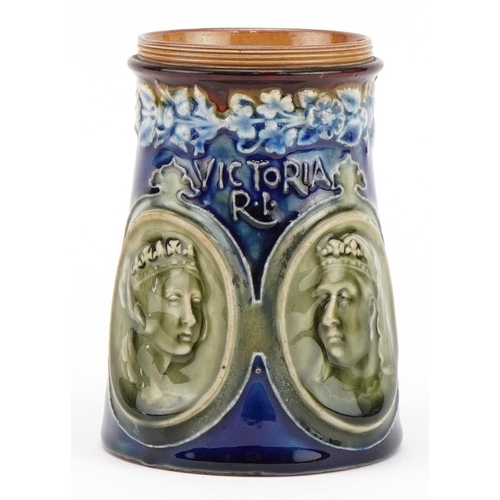 97 - Doulton Lambeth, Victorian diamond jubilee mug commemorating Victoria RI 1837-1897, 11cm high