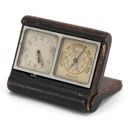 359 - Early 20th century chrome plated eight day desk clock with barometer housed in a leather case, 7cm x... 