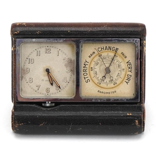 359 - Early 20th century chrome plated eight day desk clock with barometer housed in a leather case, 7cm x... 