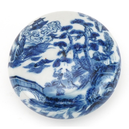 263 - Chinese blue and white rouge seal box hand painted with figures in a river landscape, six figure cha... 