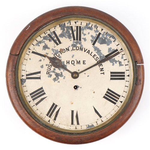 133 - Victorian oak fusee wall clock with painted dial inscribed Rushington Convalescent Home, 35.5cm in d... 