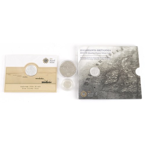 2595 - British coinage, some silver, including 2014 SS Gairsopp Britannia quarter ounce silver coin and 201... 