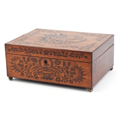 139 - 19th century rosewood workbox inlaid with birds of paradise amongst flowers, 13cm H x 30.5cm W x 22.... 