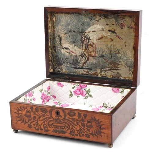 139 - 19th century rosewood workbox inlaid with birds of paradise amongst flowers, 13cm H x 30.5cm W x 22.... 