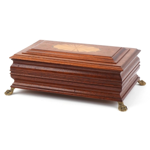 354 - Inlaid mahogany musical jewellery chest on brass paw feet with Reuge music movement, 13cm H x 37cm W... 