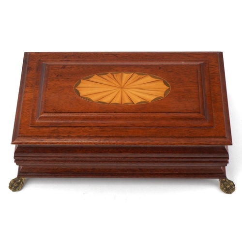 354 - Inlaid mahogany musical jewellery chest on brass paw feet with Reuge music movement, 13cm H x 37cm W... 