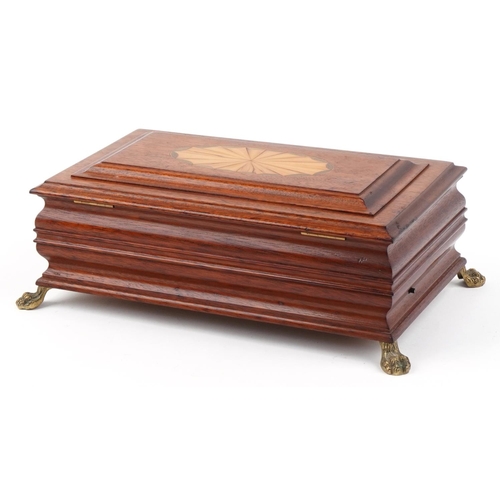 354 - Inlaid mahogany musical jewellery chest on brass paw feet with Reuge music movement, 13cm H x 37cm W... 