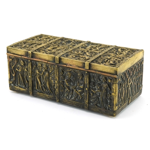 356 - Early 20th century European Renaissance style reliquary four footed casket cast with apostles, 8cm H... 