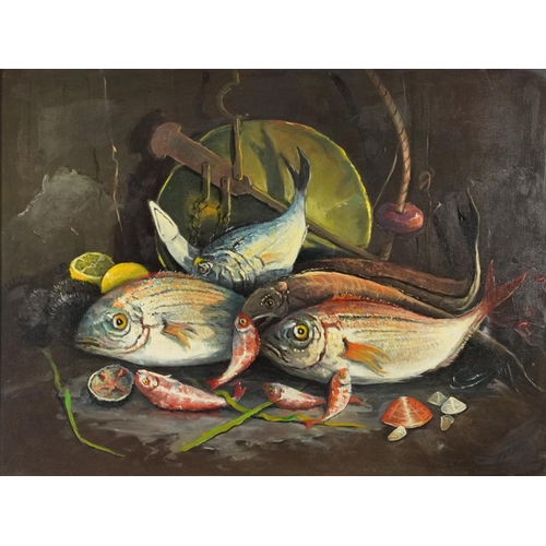 364 - Still life fish and shellfish, continental oil on canvas, possibly French, inscribed verso, mounted ... 