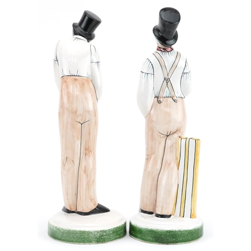 218 - Two Rye Pottery cricketing interest figures comprising The Batsman and The Bowler, the largest 29cm ... 