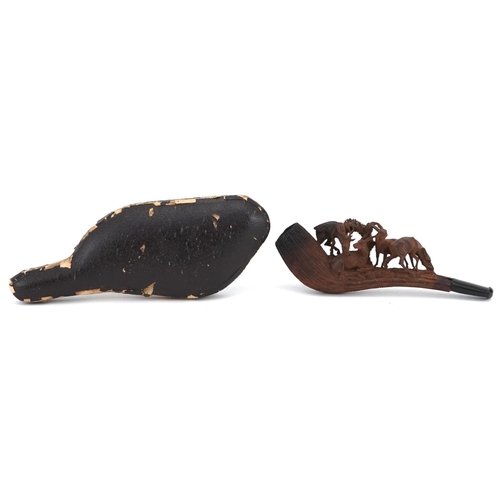 375 - German Black Forest Meerschaum smoking pipe carved with four deer, housed in a velvet and silk lined... 