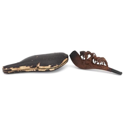 375 - German Black Forest Meerschaum smoking pipe carved with four deer, housed in a velvet and silk lined... 