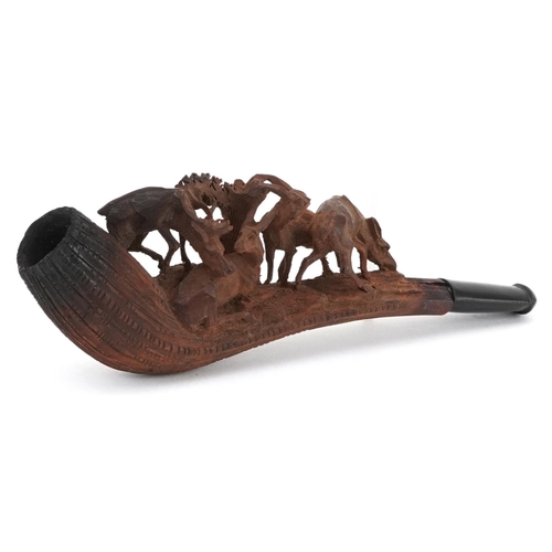 375 - German Black Forest Meerschaum smoking pipe carved with four deer, housed in a velvet and silk lined... 