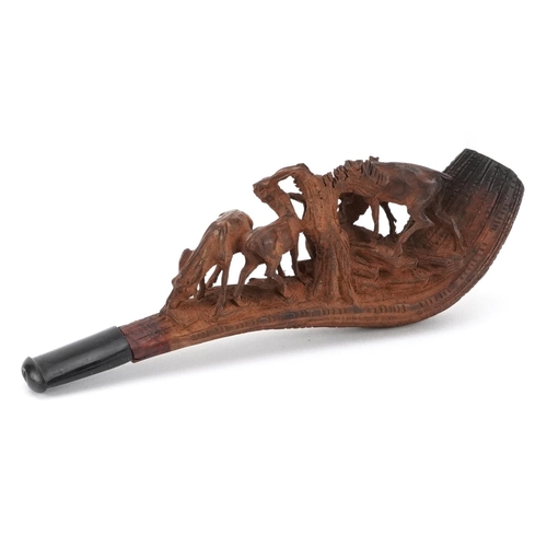 375 - German Black Forest Meerschaum smoking pipe carved with four deer, housed in a velvet and silk lined... 