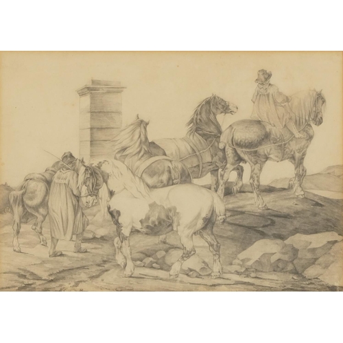 444 - South Americans with horses, late 19th/early 20th century pencil, mounted, framed and glazed, 35cm x... 