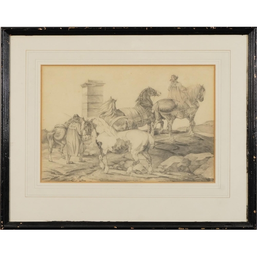 444 - South Americans with horses, late 19th/early 20th century pencil, mounted, framed and glazed, 35cm x... 