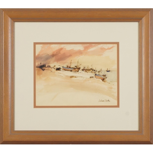 19 - Graham Clarke - Moored fishing boats, ink and watercolour, mounted, framed and glazed, 22.5cm x 19cm... 