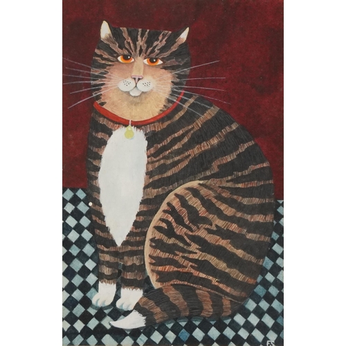 340 - Tabby cat with collar, Modern British watercolour, Portal Gallery label inscribed Tabby cat with col... 