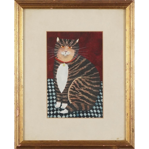 340 - Tabby cat with collar, Modern British watercolour, Portal Gallery label inscribed Tabby cat with col... 