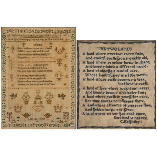 68 - 19th century needlework sampler worked by Rebecca Fisher, embroidered with religious hymn and flower... 