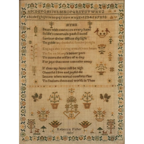 68 - 19th century needlework sampler worked by Rebecca Fisher, embroidered with religious hymn and flower... 