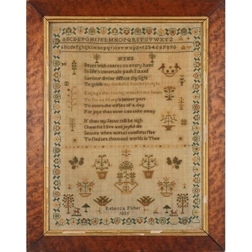 68 - 19th century needlework sampler worked by Rebecca Fisher, embroidered with religious hymn and flower... 