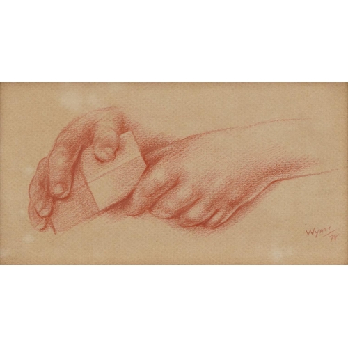120 - Joyce Wyatt - Child's hands, sanguine chalk, At the Mall Galleries inscribed label verso, mounted, f... 