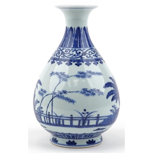 315 - Chinese blue and white porcelain vase hand painted with a palace setting, six figure character marks... 