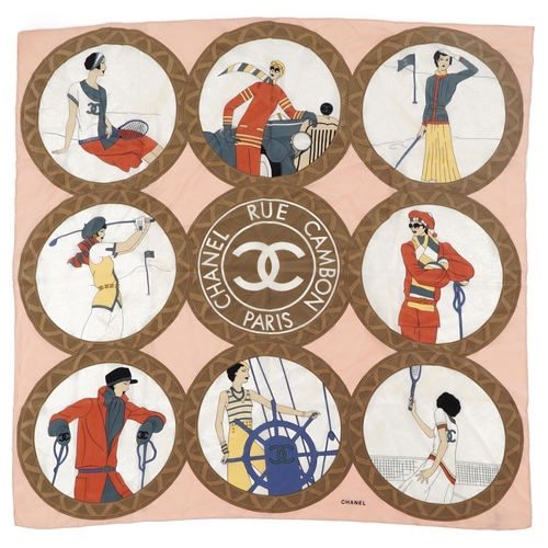 Chanel Rue Cambon Paris retro sporting silk scarf including golf, tennis, motor car and sailing, 90cm x 90cm