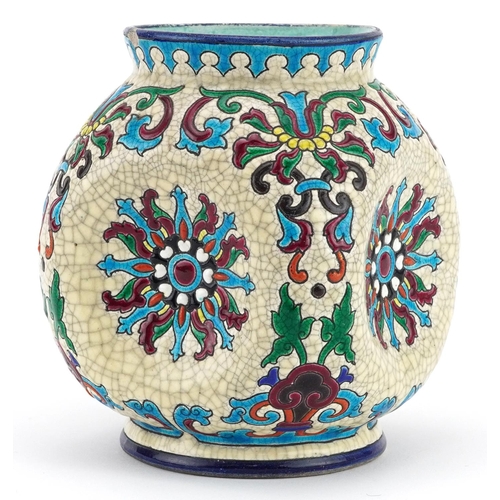 322 - Longwy, French Art Deco vase enamelled with stylised flower heads amongst foliage, impressed marks t... 