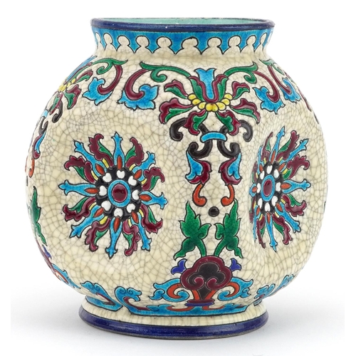 322 - Longwy, French Art Deco vase enamelled with stylised flower heads amongst foliage, impressed marks t... 