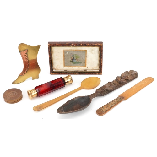 366 - Victorian items including Tunbridgeware letter opener, silk work picture dated 1845, horn spoon, car... 