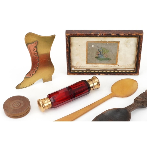 366 - Victorian items including Tunbridgeware letter opener, silk work picture dated 1845, horn spoon, car... 