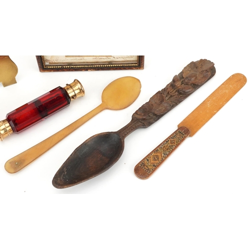 366 - Victorian items including Tunbridgeware letter opener, silk work picture dated 1845, horn spoon, car... 