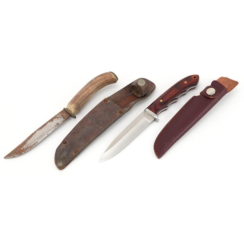 2505 - Horn handled hunting knife housed in a leather sheath and a C. Jul Herbertz hunting knife numbered 1... 