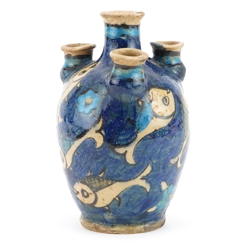 380 - Persian Qajar pottery Tulip vase hand painted with fish, 18cm high