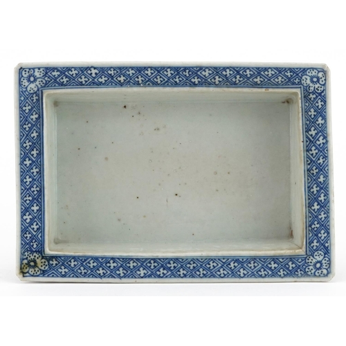 175 - 18th century Chinese reticulated bonsai dish hand painted with blue flowers, 24cm x 16cm x 5cm