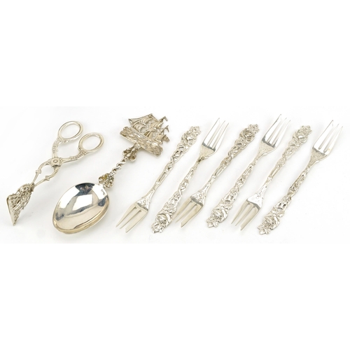 230 - Silver flatware comprising a large Cutty Sark spoon, German silver pastry tongs and a set of six Ger... 